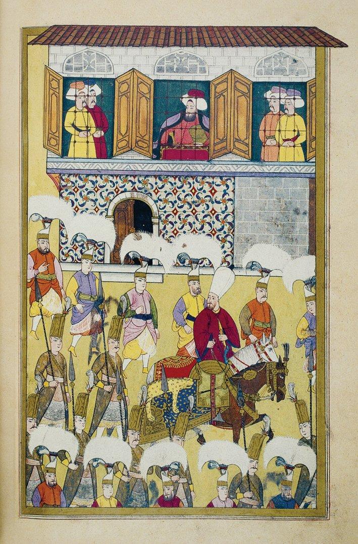 Sultan III. Ahmed’in nakkaşhâneden düğün alayını seyretmesini gösteren bir minyatür (Surnâme-i Vehbî, TSMK, III. Ahmed, nr. 3593, vr. 168b)