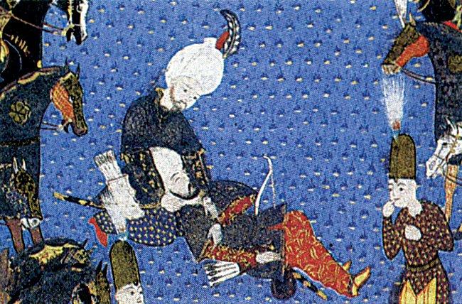 Deli Hüsrev Paşa’yı, savaşta yaralanan Sivas Beylerbeyi Hüseyin Paşa’ya yardım ederken gösteren minyatür (Ârifî Fethullah Çelebi, Şehnâme-i Âl-i Osmân, TSMK, Hazine, nr. 1517, vr. 235a’dan detay)