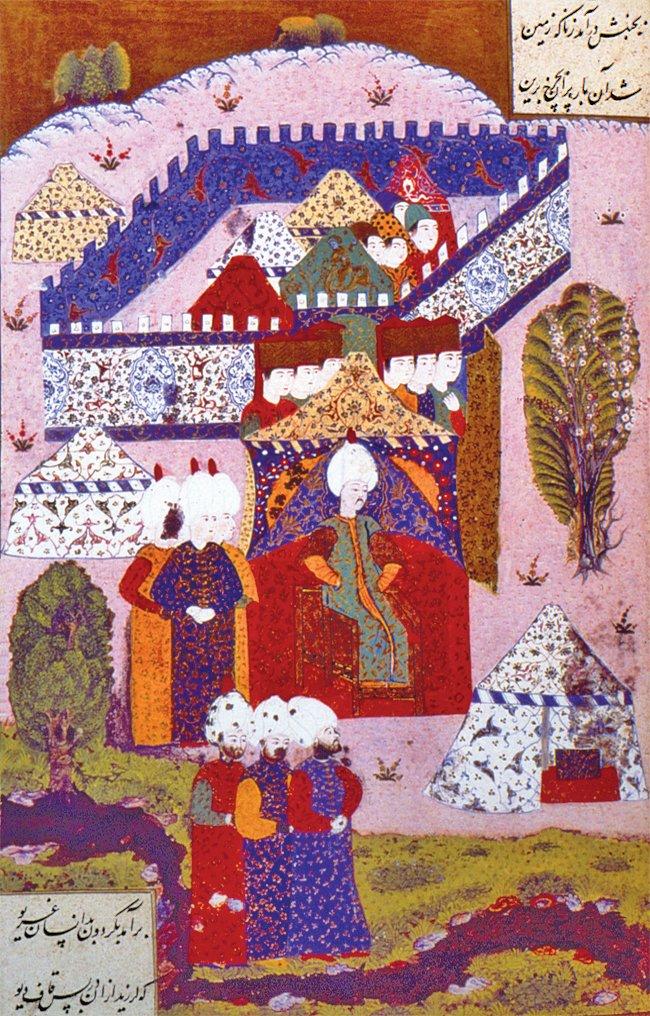 Kanûnî Sultan Süleyman’ın otağını ve zukakla çevrili karargâhını gösteren bir minyatür (Süleymannâme, TSMK, Hazine, nr. 1517, vr. 109a)