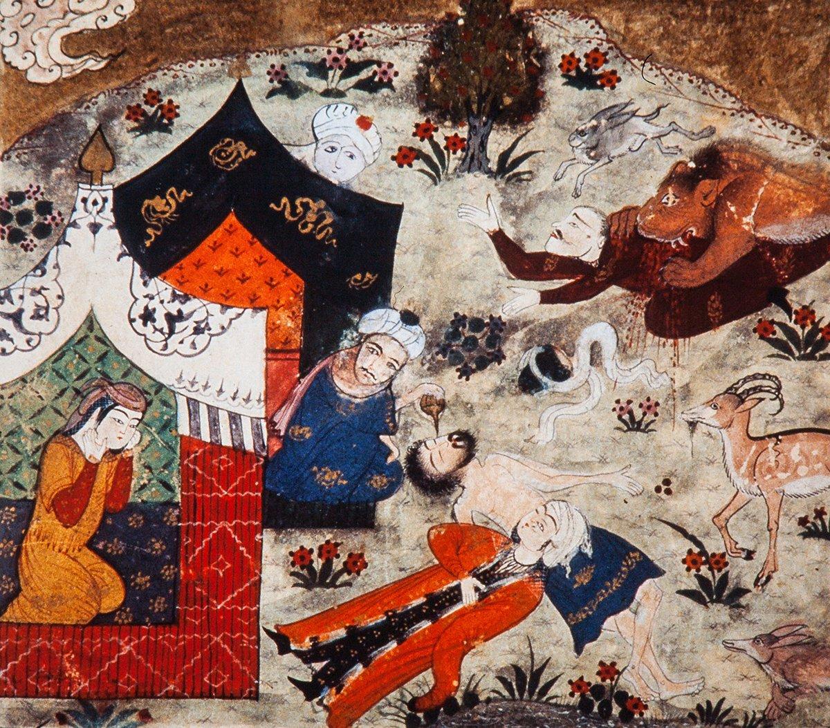 Mecnûn’un Leylâ’yı görmek için çölden kabilesine gelerek onun çadırı önünde düşüp bayılmasını gösteren minyatür (Londra British Library, Or., nr. 405)