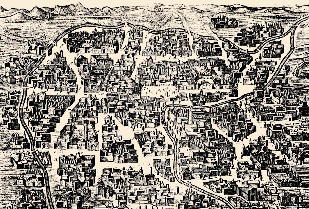 Erdebil’in XVIII. yüzyılın ortalarındaki durumunu gösteren bir gravür (A. Olearii [Olearius], Außführliche Beschreibung Der Kundbaren Reyse nach Muscow und Persien, s. 460-461)