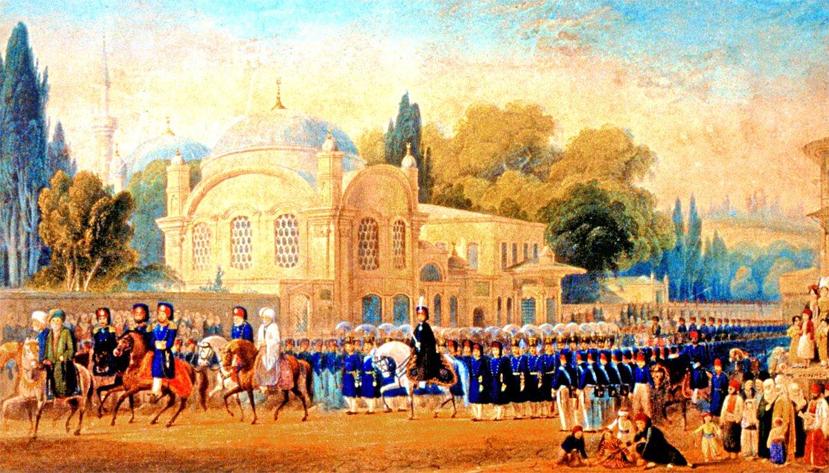 Sultan Abdülmecid’in Eyüp’ten kılıç alayı dönüşünü tasvir eden sulu boya tablo (TSM)