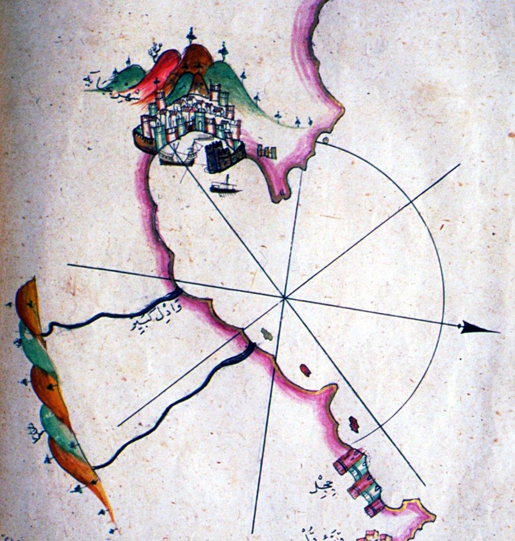 Pîrî Reis’in Kitâb-ı Bahriyye adlı eserinde Bicâye ve çevresini gösteren harita (Süleymaniye Ktp., Ayasofya, nr. 2612, vr. 21a)