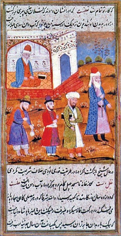 Bâyezid-i Bistâmî’yi mescide giderken tasvir eden bir minyatür (Oriental Miniatures..., Taşkent 1980, rs. 64)