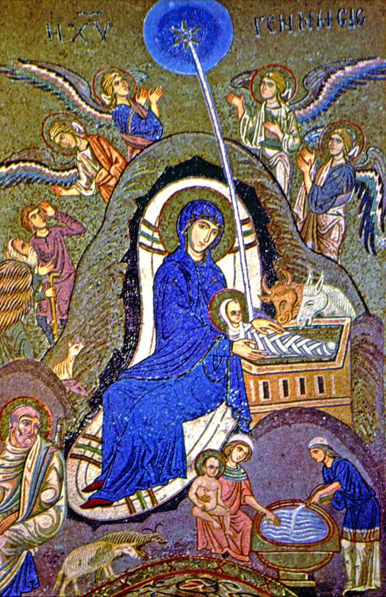 Hz. Meryem’in Îsâ’yı dünyaya getirmesini tasvir eden La Martorana Kilisesi’ndeki XII. yüzyıla ait mozaik tablo – Palermo/İtalya