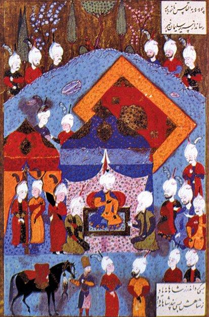 Elkas Mirza’yı Kanûnî Sultan Süleyman’ın huzurunda gösteren bir minyatür (Süleymannâme, TSMK, Hazine, nr. 1517, vr. 506a)