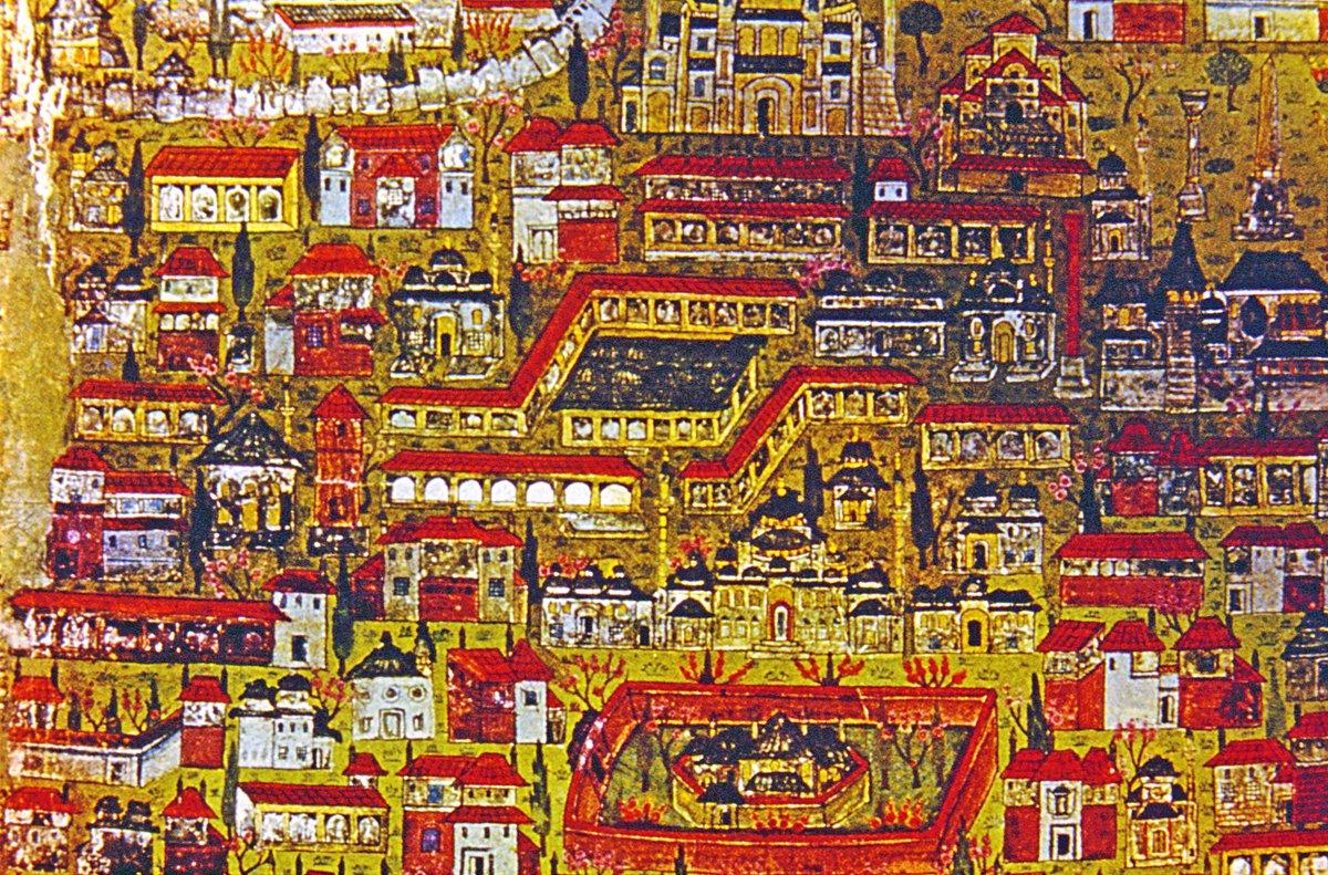 XVI. yüzyıl içinde İstanbul’un Büyük Çarşı ve bedestenlerini gösteren minyatür (Matrakçı Nasuh, Beyân-ı Menâzil-i Sefer-i Irâkeyn, İÜ Ktp., TY, nr. 5964, vr. 8b’den detay)