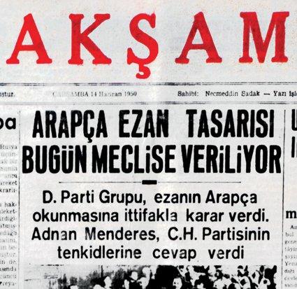 Ezanın aslî şekliyle okunması için meclise tasarı verildiğini bildiren haber (Akşam, 14 Haziran 1950)