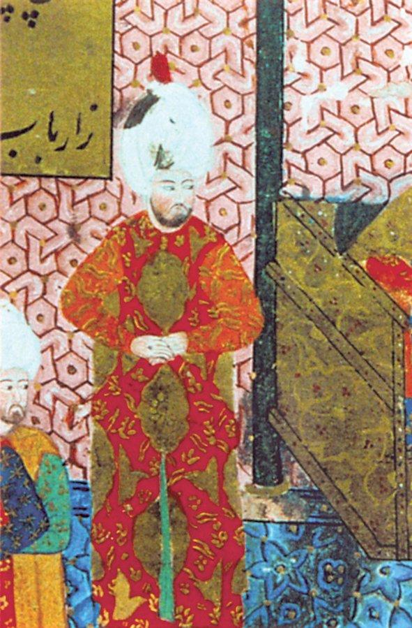 Ârifî’nin Süleymannâme adlı eserinde Pîrî Mehmed Paşa’yı tasvir eden minyatür (TSMK, Hazine, nr. 1517, vr. 18a’dan detay)