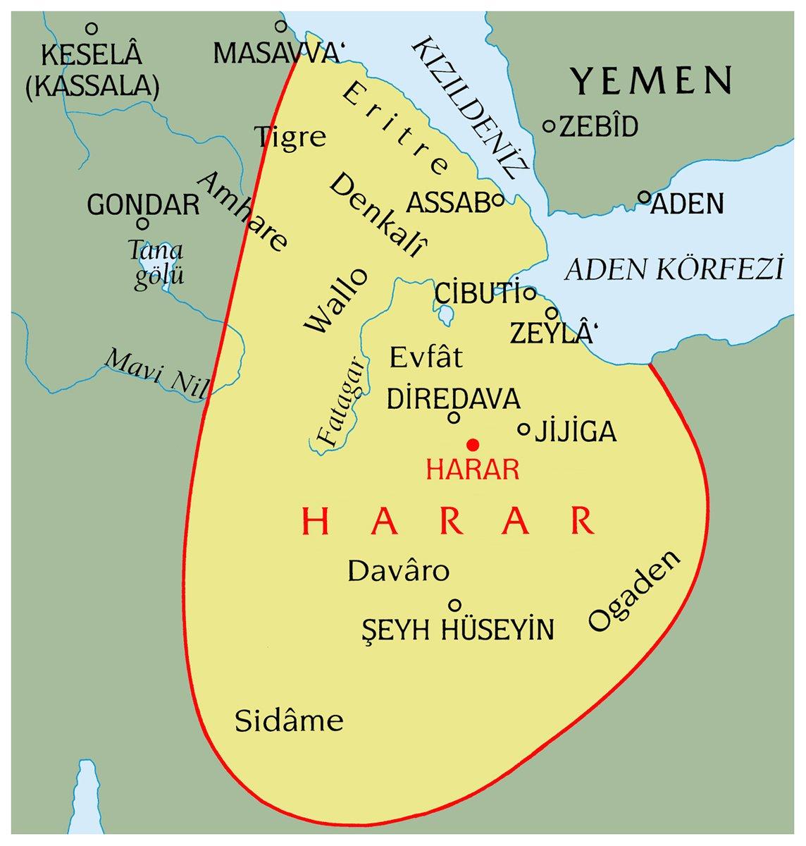Harar Emirliği topraklarının en geniş sınırlarını gösteren harita (XVI. yüzyılın ilk yarısı)