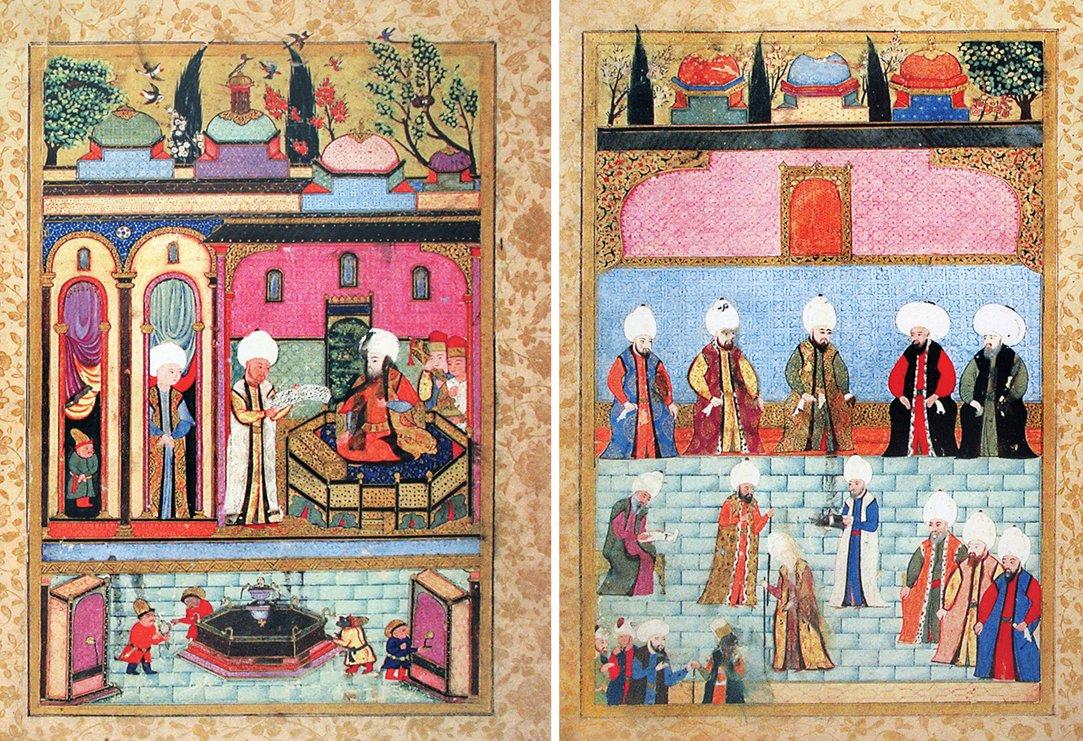 III. Murad’ın Özdemiroğlu Osman Paşa’yı huzura kabulü ve serdarlığa tayininin bildirilmesini tasvir eden minyatür (Âsafî, Şecâatnâme, vr. 7b-8a)