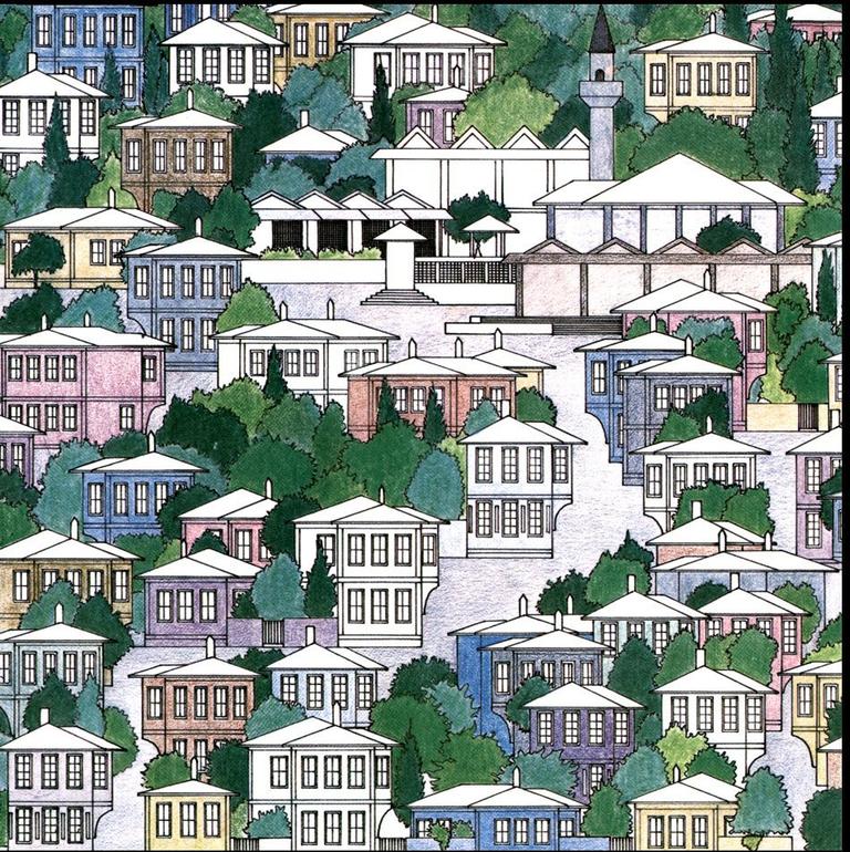 Turgut Cansever’in tasarladığı (1980-81) Ankara Batıkent Yeni Şehir ve Konut Yerleşmesi Teklif Projesi’nin Mehmet Öğün tarafından çizilen silüeti (Emine – Mehmet Öğün fotoğraf arşivi)