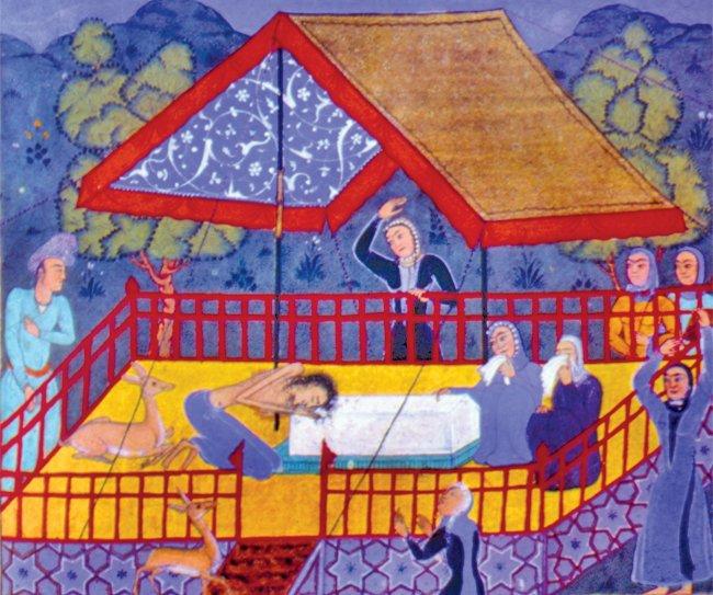 Mecnûn’u Leylâ’nın üzerine sâyeban kurulmuş kabri başında gösteren bir minyatür (Nizami Ganjevi Khamsa Miniatures, Bakü 1983, lv. 80)