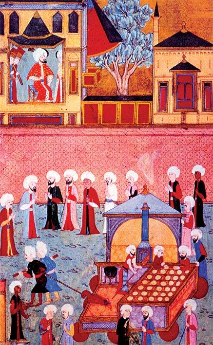 Şehzade Mehmed’in sünnet şenliğinde fırıncı esnafının resmigeçidini tasvir eden minyatür (Seyyid Lokmân, Surnâme-i Hümâyun, TSMK, Hazine, nr. 1344, vr. 150a)