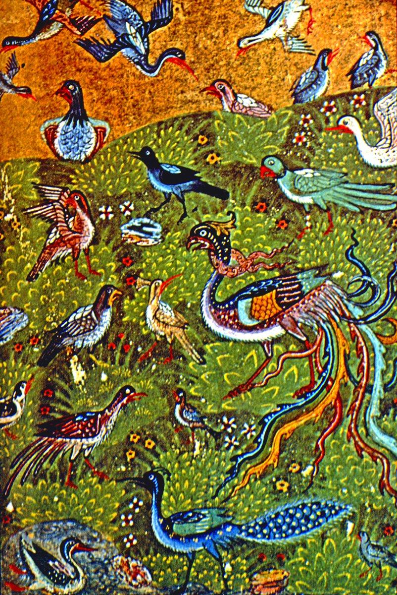 Ferîdüddin Attâr’ın Manṭıḳu’ṭ-ṭayr adlı eserinde kuşların toplantısını gösteren bir minyatür(Oxford Bodleian Library, Ms., nr. 246, vr. 25a)
