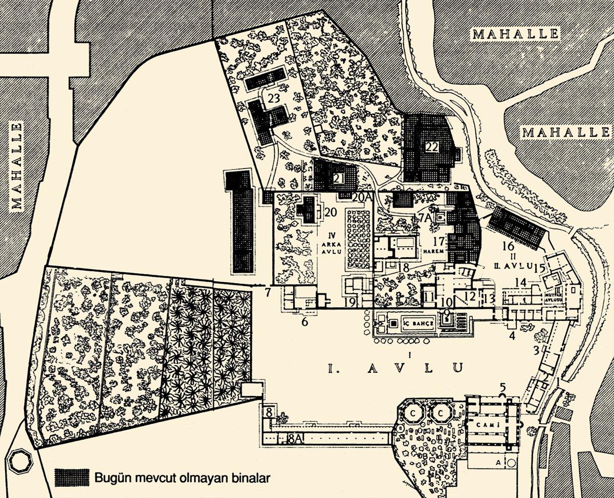 Han Sarayı’nın yerleşim planı: 1- Taş köprü.2- Ana kapı. 3- Bendegân binaları ve misafirhane.4- Büyük iç kapı I. avlu. 5- Büyük cami.6- Arka avlu kapısı, kiler ve kapıcı dairesi.7- Eski saray tarikine açılan kapı.8- Ahır, koğuş ve ağa dairesi. 8A- Kütüphane.9- Altın Oda’nın zemin sofası, önünde iç bahçe.10- Çeşmeli avlu. 11- Kubbeli cami. 12- Divanhâne.13- Revaklı sofa II. elçiler avlusu.14- Katerina için değiştirilen daireler.15- Çeşmeli revak ve mutfak. 16- Maiyet koğuşve odaları III. çeşmeli mutfak avlusu.17- Harem daireleri. 17A- Yazlık Köşk.18- Büyük harem köşkü. 19- Cihannümâ kasrıIV. arka avlu. 20- Revaklı köşk. 20A- Çeşme.21- Eski saraydan kalma bir daire V. fırın avlusu.22- Fırıncılar koğuşu. 23- Eski saray köşküve eklemeleri (Eldem, s. 126-127)