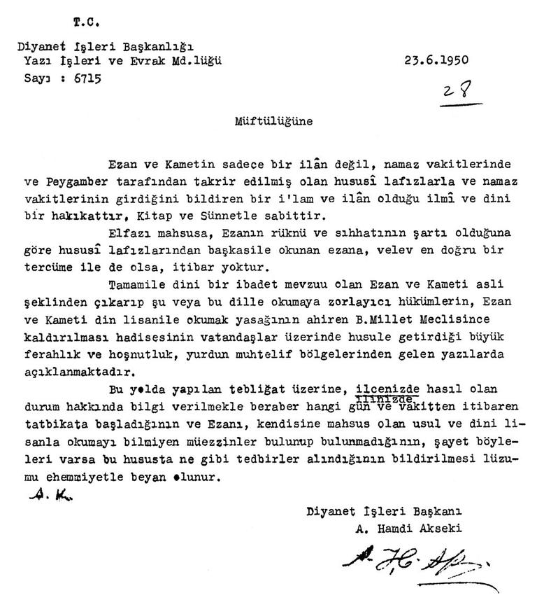 Ezan ve kāmetin aslî şekliyle okunması yasağının kaldırılmasından sonra müftülüklere gönderilen resmî tamimin sûreti (İSAM Dokümantasyon Servisi, Dosya nr. 51202)