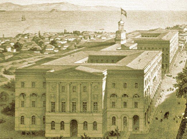 Mimar Fossati’nin inşa ettiği ilk dârülfünun binasının gravürü (C. Fossati, Die Hagia Sophia, Dortmund 1980, tablo 20)
