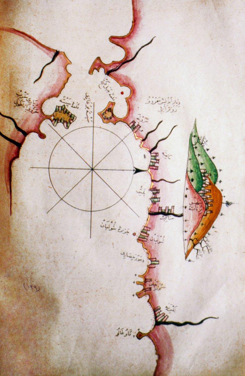 Pîrî Reis’in Kitâb-ı Bahriyye adlı eserinde Cebelitârık Boğazı’nı gösteren harita (Süleymaniye Ktp., Ayasofya, nr. 2612, vr. 303b)