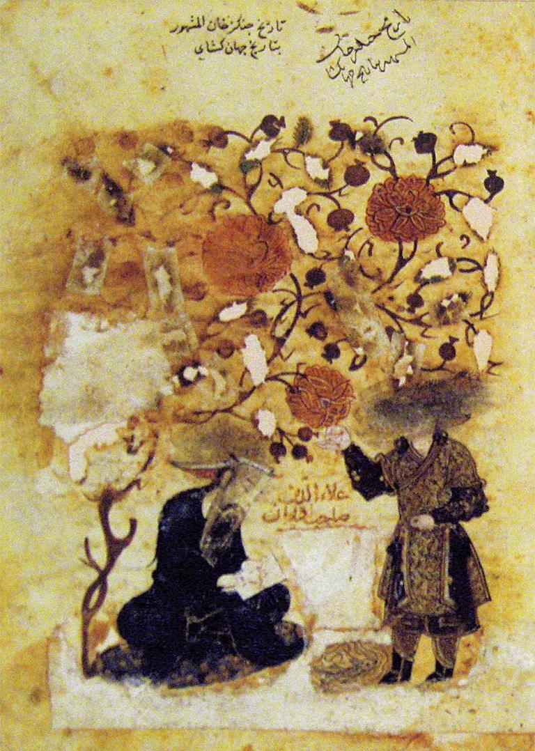 Târîḫ-i Cihângüşâ’nın 689 (1290) tarihli bir nüshasında eserin yazarı Atâ Melik Cüveynî’yi (solda) bir Moğol şehzadesiyle gösteren minyatür (Paris Bibliothèque Nationale, MS, Or. Suppl. Persian, nr. 205, vr. 2a)