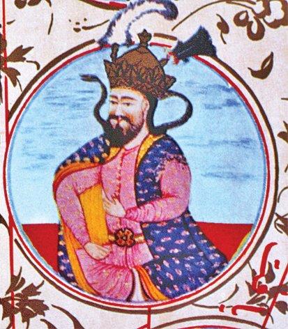 Bir silsilenâmede Dahhâk’i tasvir eden bir minyatür (Derviş Mehmed, Sübhatü’l-ahbâr, Österreichiche Nationalbibliothek, Cod. AF, nr. 50, vr. 5b’den detay)