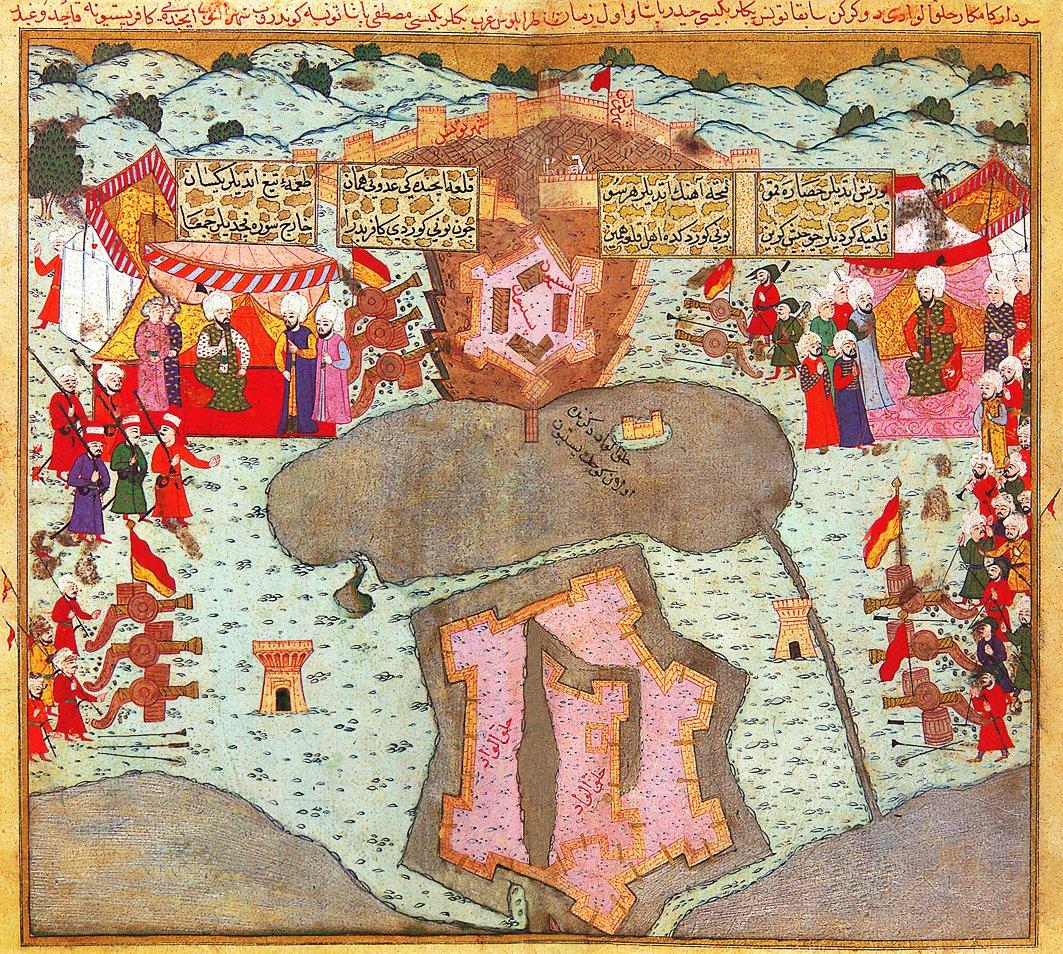 Halkulvâdî muhasarasını gösteren minyatürlü iki sayfa (Mustafa Rumûzî, Târîh-i Feth-i Yemen, İÜ Ktp., TY, nr. 6045, vr. 602b-603a)
