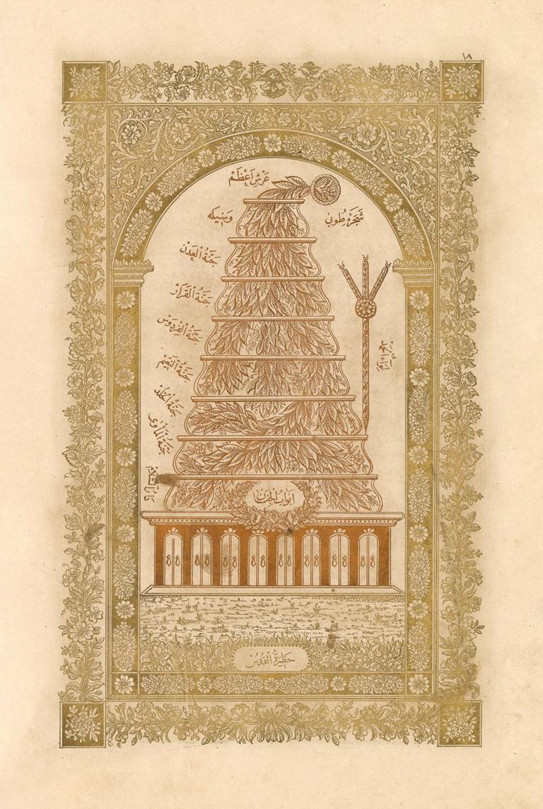 Muhammediyye’nin Ahmed Râkım Efendi hattı ve Seyyid Ali Efendi tezyinatıyla, Tabhâne-i Âmire’ye ait 1271 [1854-55] tarihli taşbaskısındaki“Tûbâ ağacı” tasviri