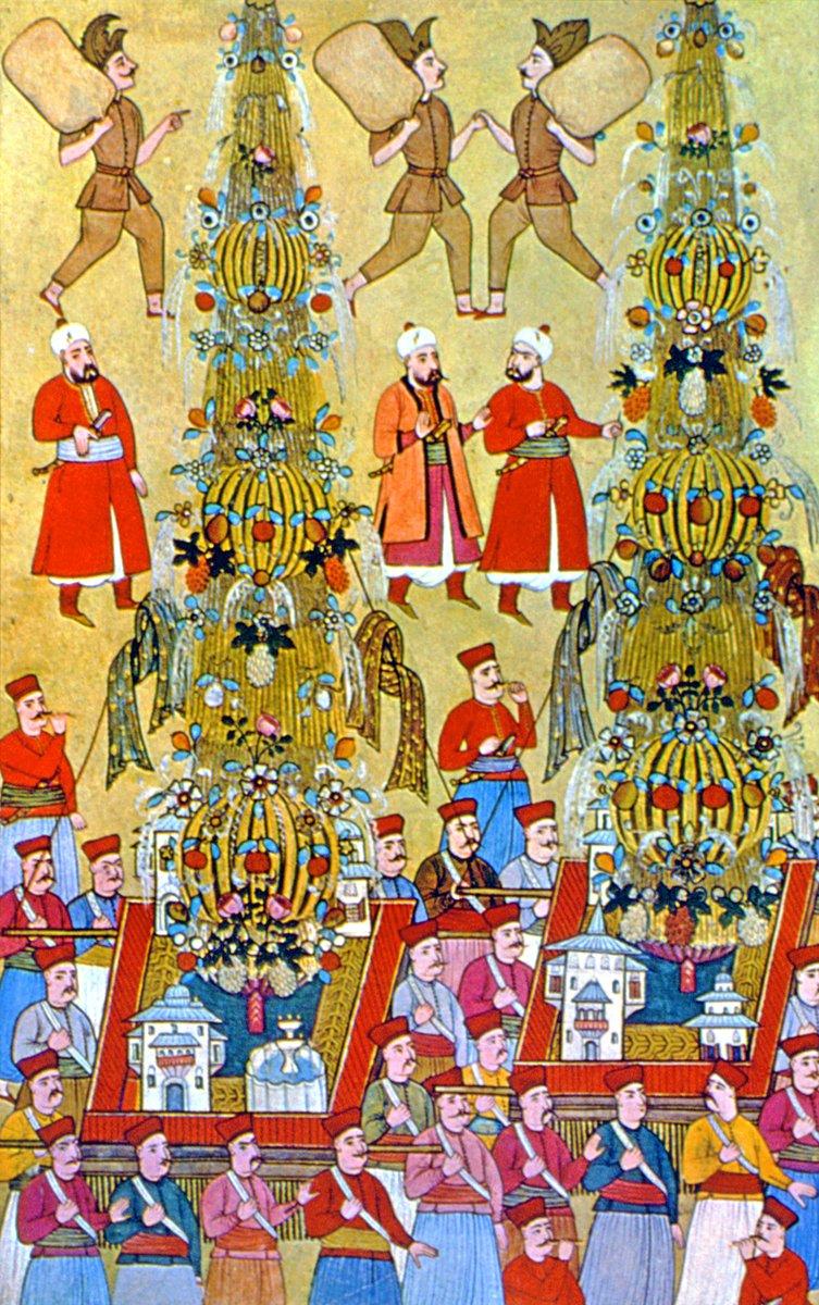 XVII. yüzyıl bahçeleri hakkında bilgi veren, bahçe maketlerinin taşınmasını gösteren bir minyatür (Surnâme, TSMK, III. Ahmed, nr. 3593, vr. 161b)