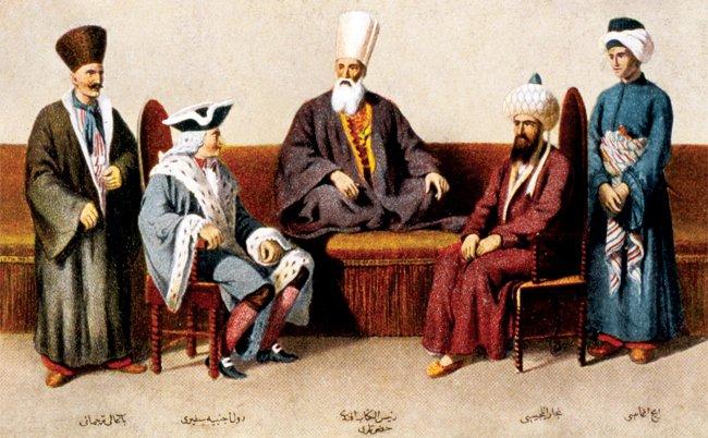 Reîsülküttâbın iki elçiyi kabulünü tasvir eden bir resim (Ârif Mehmed Paşa, Mecmûa-i Tesâvîr-i Osmâniyye, İstanbul 1279, lv. VIII)