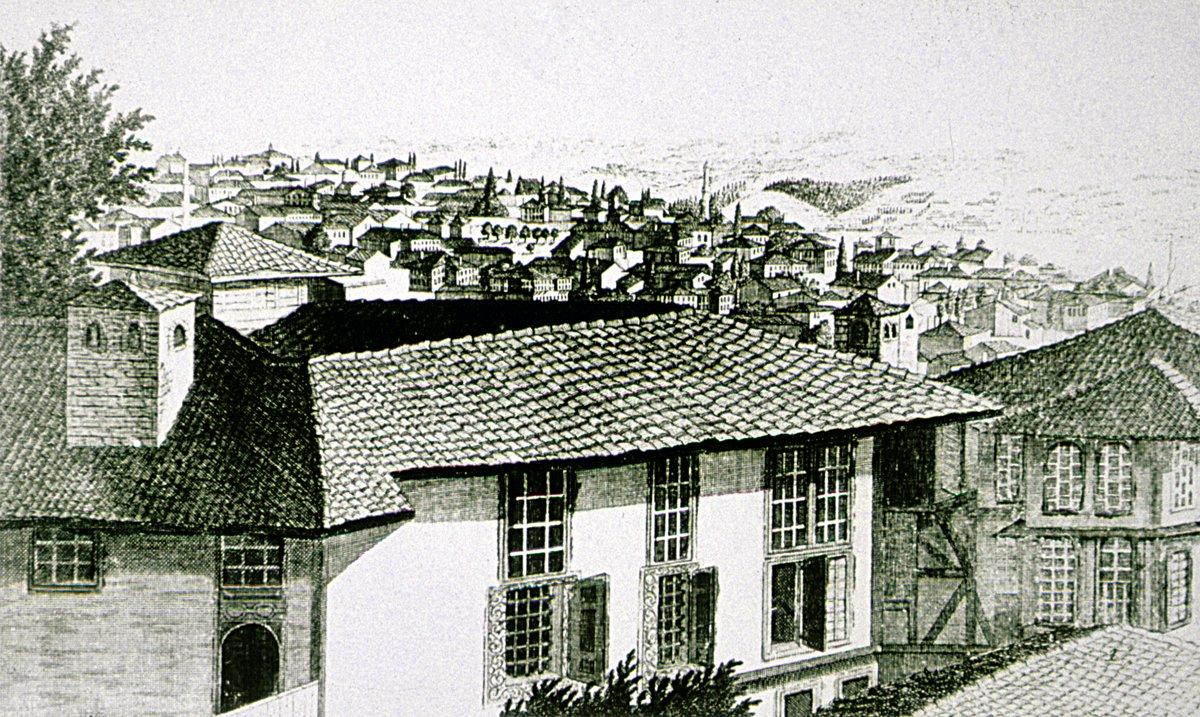 Galata’nın eski evlerini gösteren bir resim (Semavi Eyice fotoğraf arşivi)