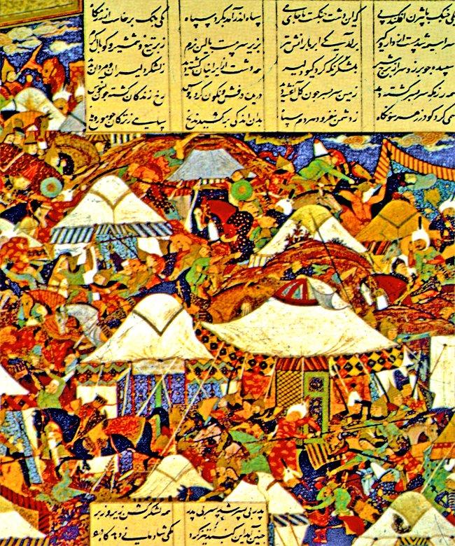 XVI. yüzyıla ait bir minyatürde görülen çeşitli çadırlar (Servet Ukkâşe, Târîḫu’l-fen VI. et-Taṣvîrü’l-Fârisî ve’t-Türkî, Beyrut 1983, s. 257)