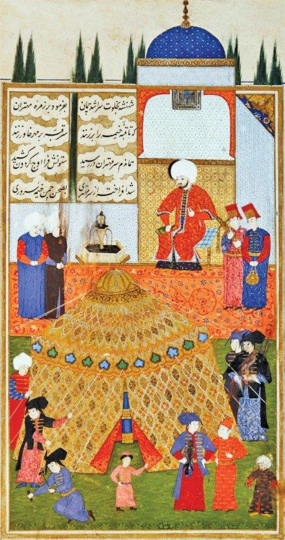 İran’dan hediye gelen bir çadırın III. Murad’ın huzurunda kurulmasını tasvir eden bir minyatür (Şehinşâhnâme, İÜ Ktp., FY, nr. 1404, vr. 43b)