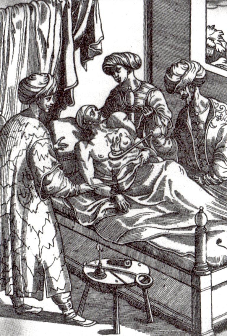 XVI. yüzyılda hastahanede yaraları dağlama usulü ile tedavi eden Osmanlı (Mısır) hekimleri gravürü (Prosperus Alpinus, De medicine Aegyptiorum, Venedik 1591)