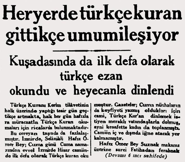 Türkçe Kur’an ve ezan okumanın yaygınlaştığını bildiren gazete kupürü (Cumhuriyet, 2 Şubat 1932)