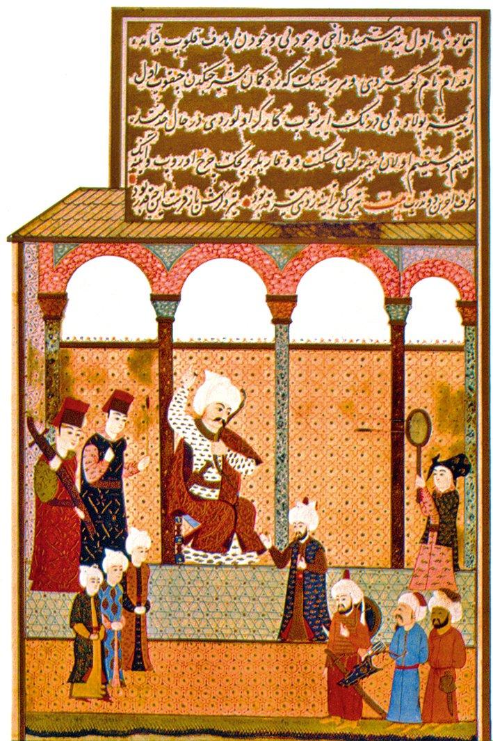 I. Selim’i aynaya ok atarken tasvir eden bir minyatür (Hünernâme, TSMK, Hazine, nr. 1523, I, vr. 217a)