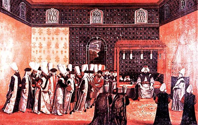 III. Ahmed’in Arz Odası’nda elçi kabulünü gösteren Jean-Baptiste van Mour’un bir tablosu(Musée des Beaux-Arts, nr. 5730)