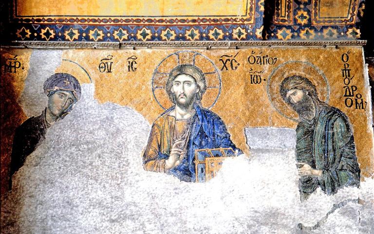 Hz. Îsâ, Meryem ve Vaftizci Yahyâ’nın (Ioannes Prodromos) tasvir edildiği Ayasofya’nın üst kat galerisindeki mozaik pano – İstanbul