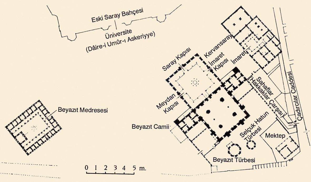 İstanbul’daki Beyazıt Camii ve Külliyesi’nin yerleşim planı (Yüksel, Osmanlı Mi‘mârîsi V, şekil 64)