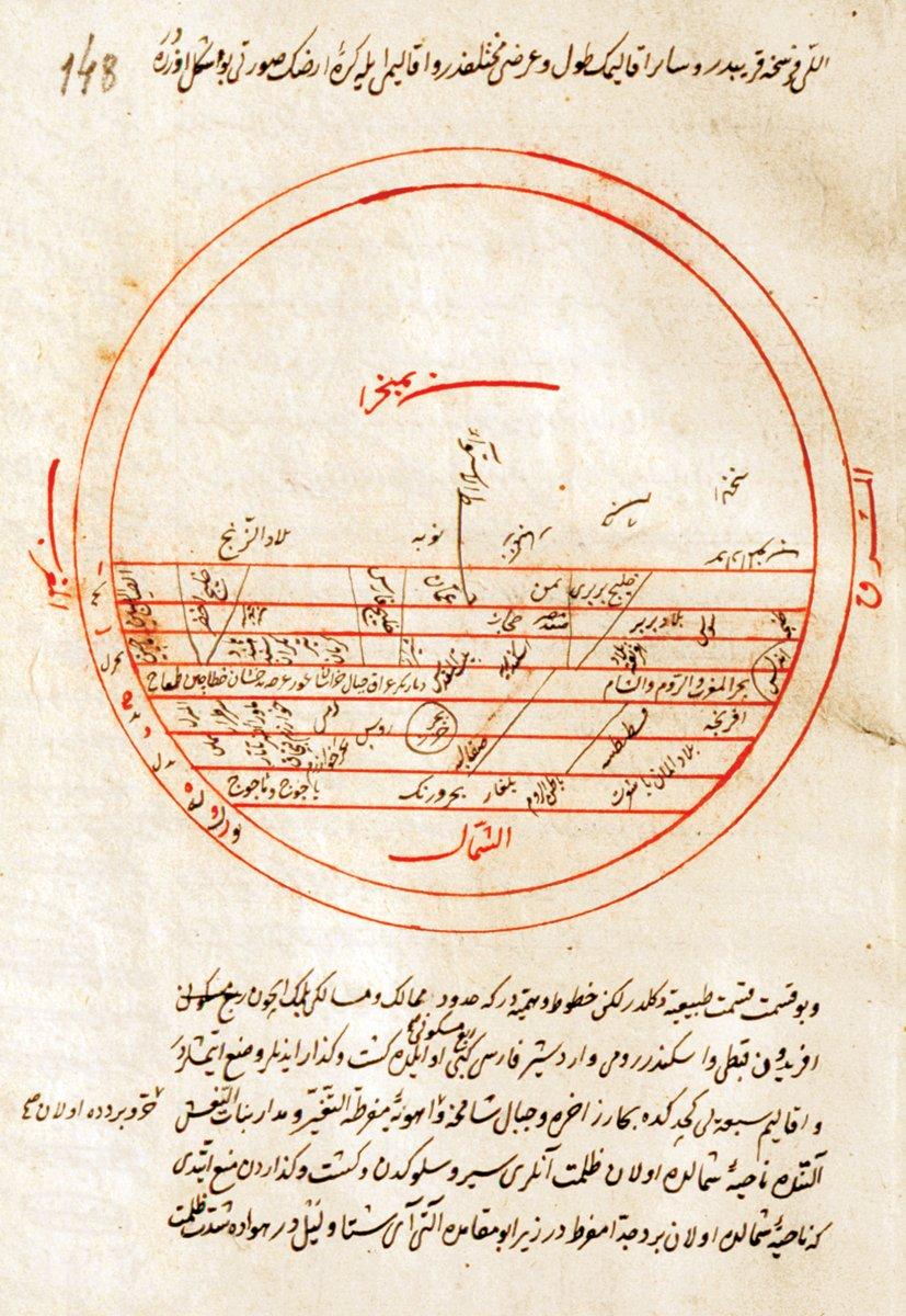 Menâzırü’l-avâlim’de yedi ana iklim ve bunların kısımlarını gösteren şekil (Süleymaniye Ktp., Hâlet Efendi, nr. 616, vr. 148a)