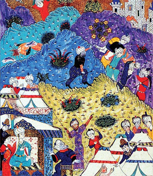 Ferhad’ın Hüsrev tarafından esir alınmasını gösteren bir minyatür (Ali Şîr Nevâî, Ferhâd ü Şîrîn, TSMK, Hazine, nr. 802, vr. 99a)