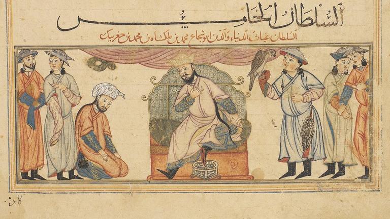 Muhammed Tapar’ı tahtında otururken tasvir eden bir minyatür (Reşîdüddin Fazlullāh-ı Hemedanî, Câmiʿu’t-tevârîḫ [Compendium of Chronicles by Rashid al-Din], Edinburgh University Library Special Collections, Or.Ms.20, vr. 140b)