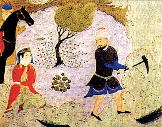 Ferhad’ı Bîsütun dağını delerken gösteren bir minyatür (Servet Ukkâşe, et-Taṣvîrü’l-Fârisî ve’t-Türkî, Beyrut 1983, s. 193)