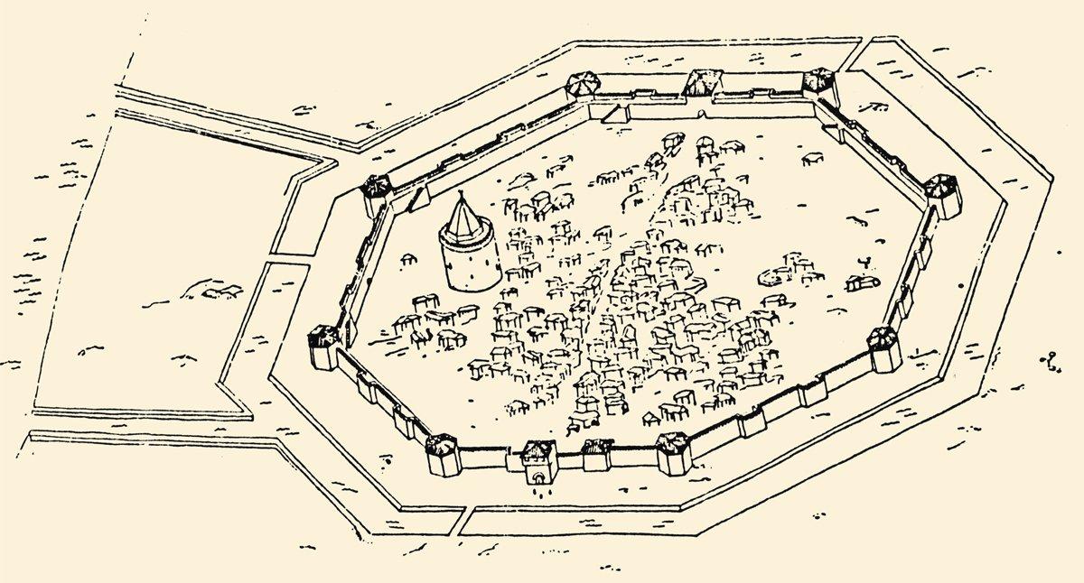 Kanûnî Sultan Süleyman zamanında inşa edilen Avlonya Kalesi’nin XIX. yüzyılda Apollon Baçe’ye göre çizilmiş rekonstrüksiyonu (“Kalaja e Vlorës”, Monumentet, V/6, s. 46, şekil 3)