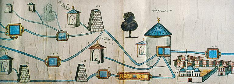 1166 (1753) tarihli İbrâhim Paşa Suyolu Haritası’nda Doğancılar Maksemi’nden su dağılımını gösteren pafta (TİEM, nr. 3336)