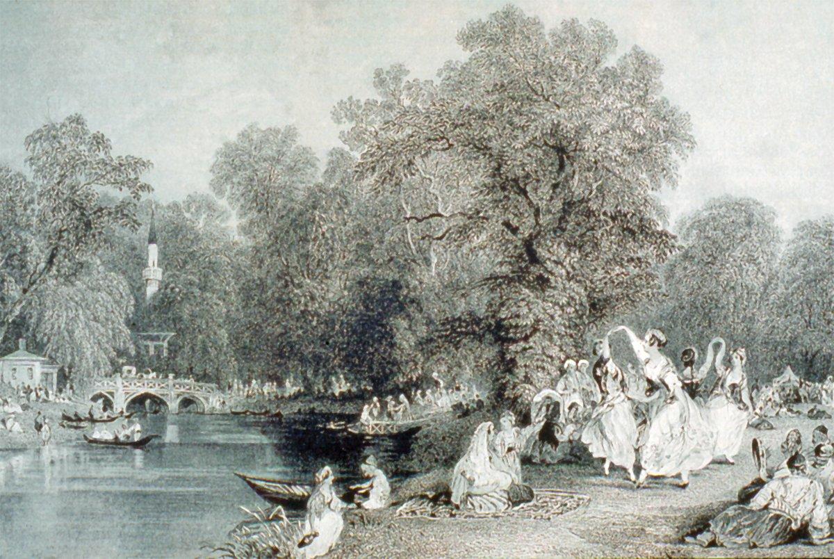 XIX. yüzyılın ortalarına doğru Kâğıthane’yi gösteren Thomas Allom’un gravürü (Constantinople and the Scenery of the Seven Churches of Asia Minor, London 1840, lv. 35)