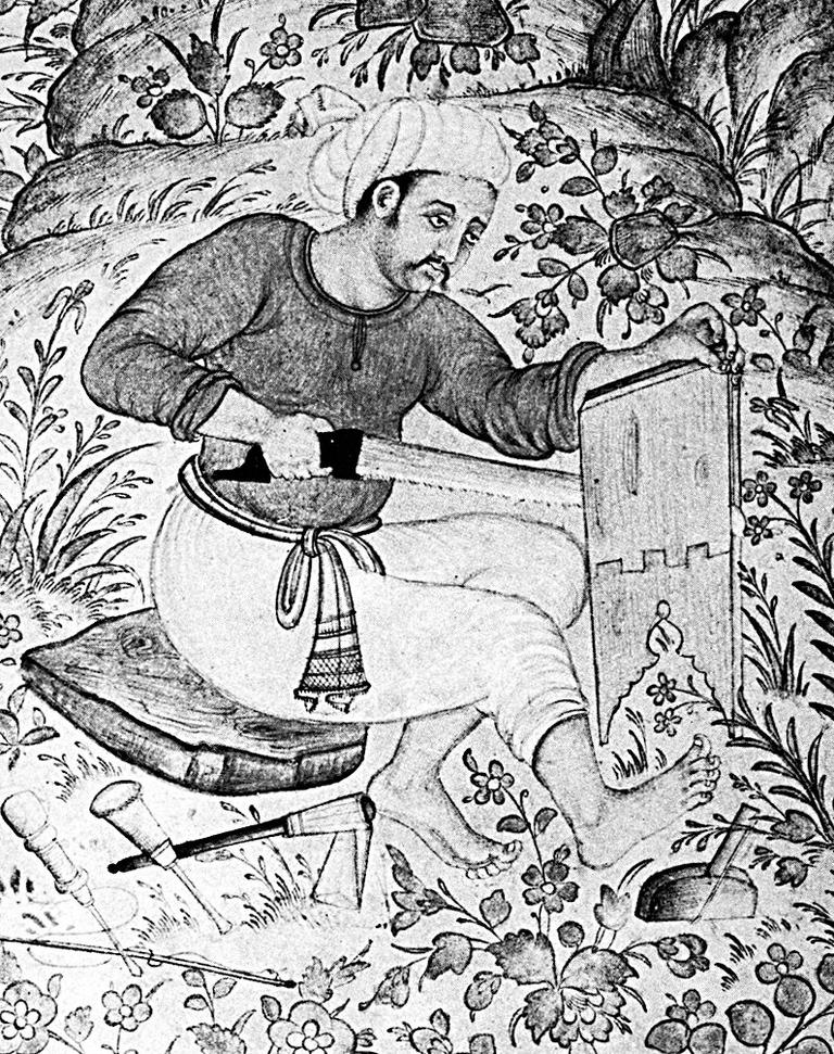 Cihangir Albümü’nde yer alan bir minyatürde açılır kapanır bir rahlenin yapımını gösteren detay (Washington Freer Gallery of Art, D. C., nr. 54.116)