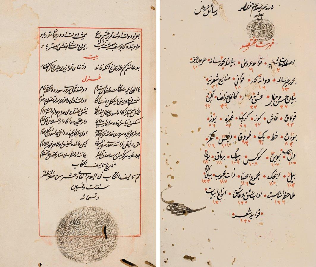 Muslihuddin Mustafa Sürûrî’nin Bahrü’l-maârif adlı eserinden iki sayfa (Süleymaniye Ktp., Amcazâde Hüseyin Paşa, nr. 455, vr. 1a, 142a)