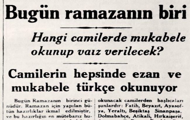 Ezanın Türkçe okunacağını haber veren gazete küpürü (Milliyet, 29 Kânunuevvel 1932)