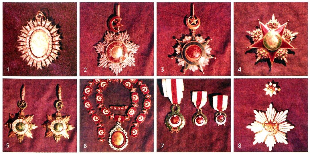 Bazı nişan çeşitleri: 1. Nişân-ı İftihar, 2. Mecîdî nişanı, 3. Nişân-ı Osmânî, 4. Şefkat nişanı, 5. Nişân-ı Âlî İmtiyaz nişanı, 6. Hânedân-ı Âlî Osmân nişanı, 7. Maarif nişanı, 8. Meclis-i Meb’ûsan âzalarına mahsus nişan
