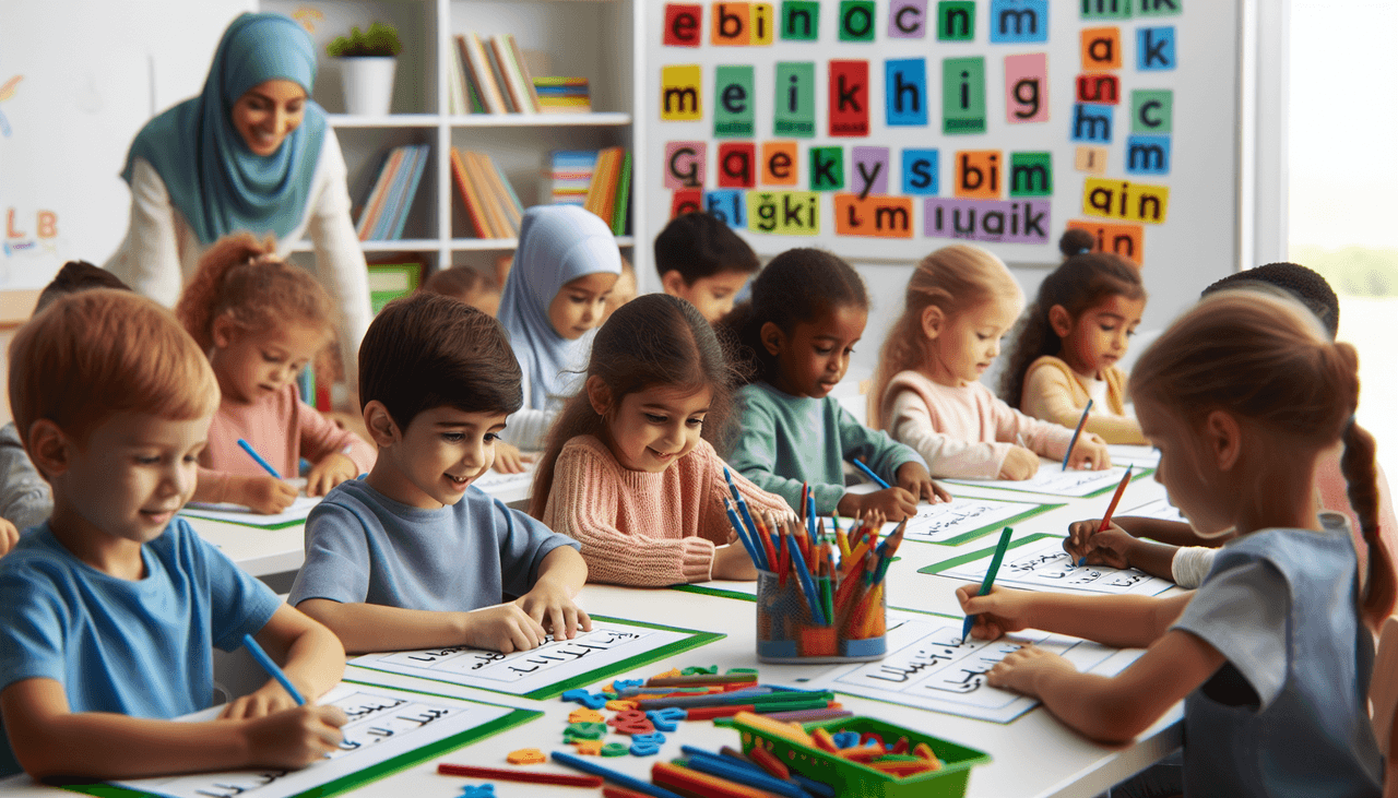 Children learning the new letters of the Common Turkic Alphabet